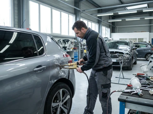 Un carrossier en atelier en train de travailler sur la carrosserie d'un véhicule accidenté, utilisant un équipement de débosselage ou de réparation. L'image montre le véhicule avec des dégâts visibles (bosses, enfoncements) et le professionnel dans une action de réparation technique. Photographie réelle d'atelier professionnel en intérieur avec éclairage naturel ou artificiel, mettant en évidence l'expertise et le savoir-faire du métier de carrossier.